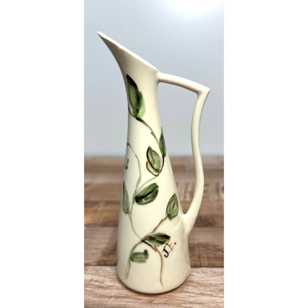 Hand-Painted Ceramic Pitcher With Leaf Design & Unique Handle
